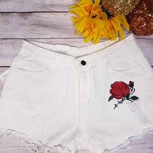 NEW White Denim Shorts with Rose embroidery